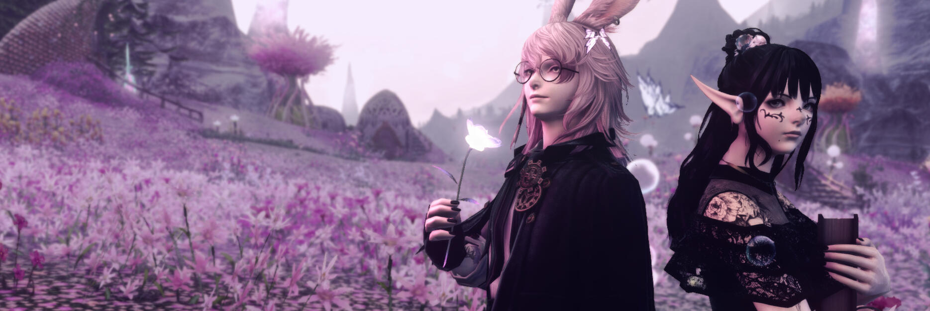pink haired bunny boy holding a flower and goth looking elf girl holding a book, standing on a ill meg flower field